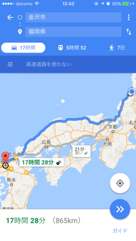 金沢福岡間の片道の地図