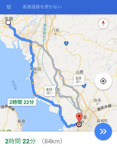 佐賀から熊本へ向かう地図