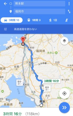 熊本駅から福岡市への地図