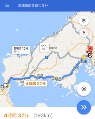 山口県から広島県への下道地図