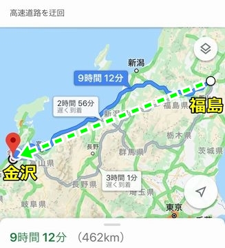 福島～金沢までの下道での道のり図